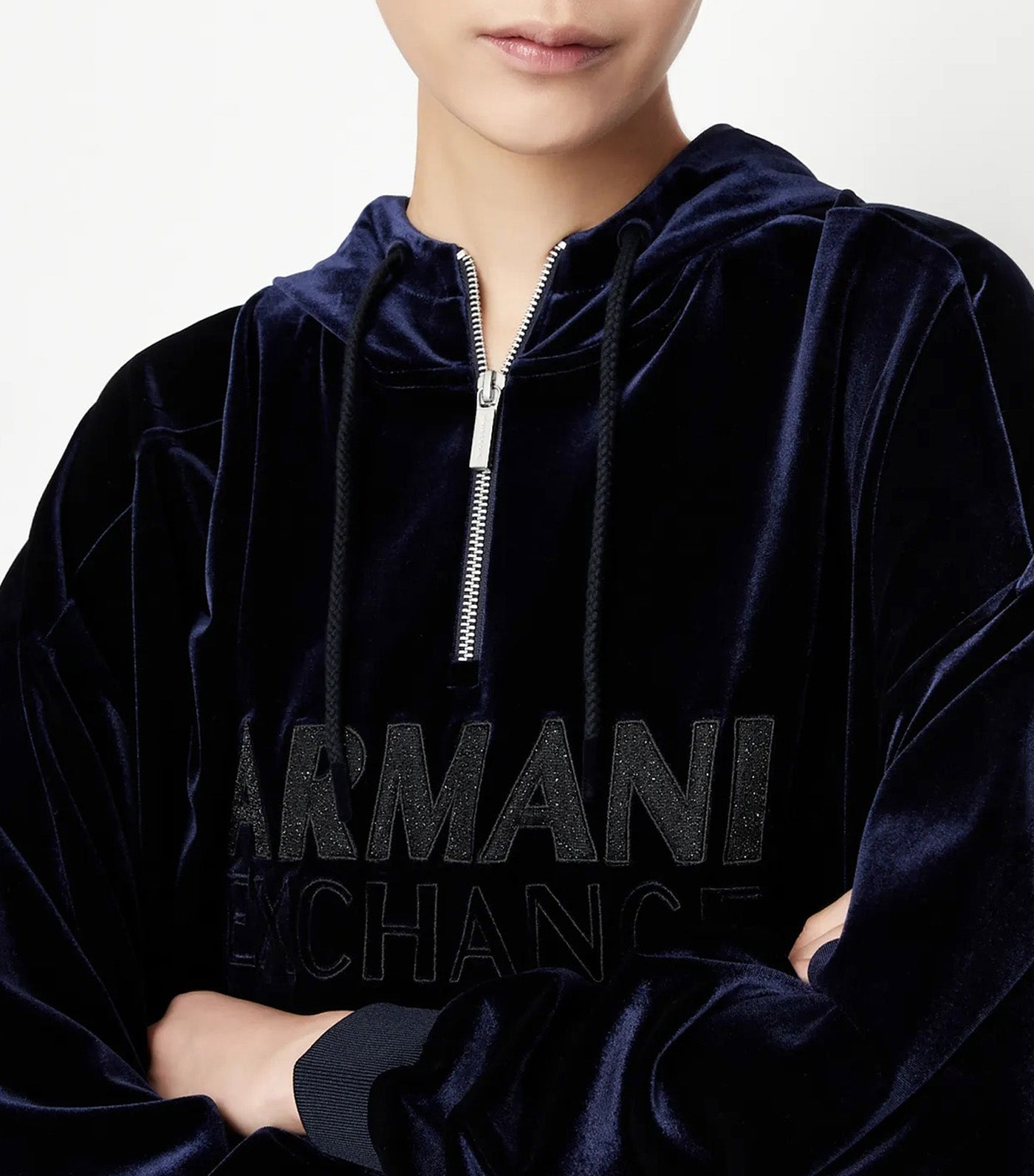 Armani Exchange Stretch Velvet Half Zip Crew Neck Sweatshirt