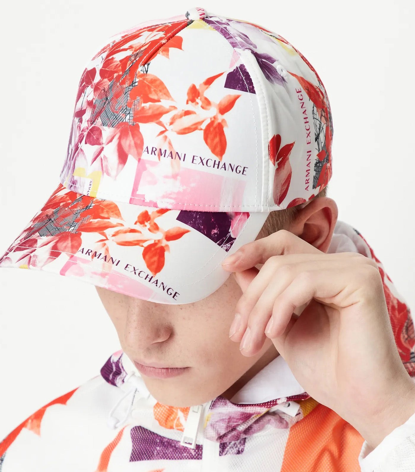 Recycled Fabric Floral Pattern Baseball Cap White Collage