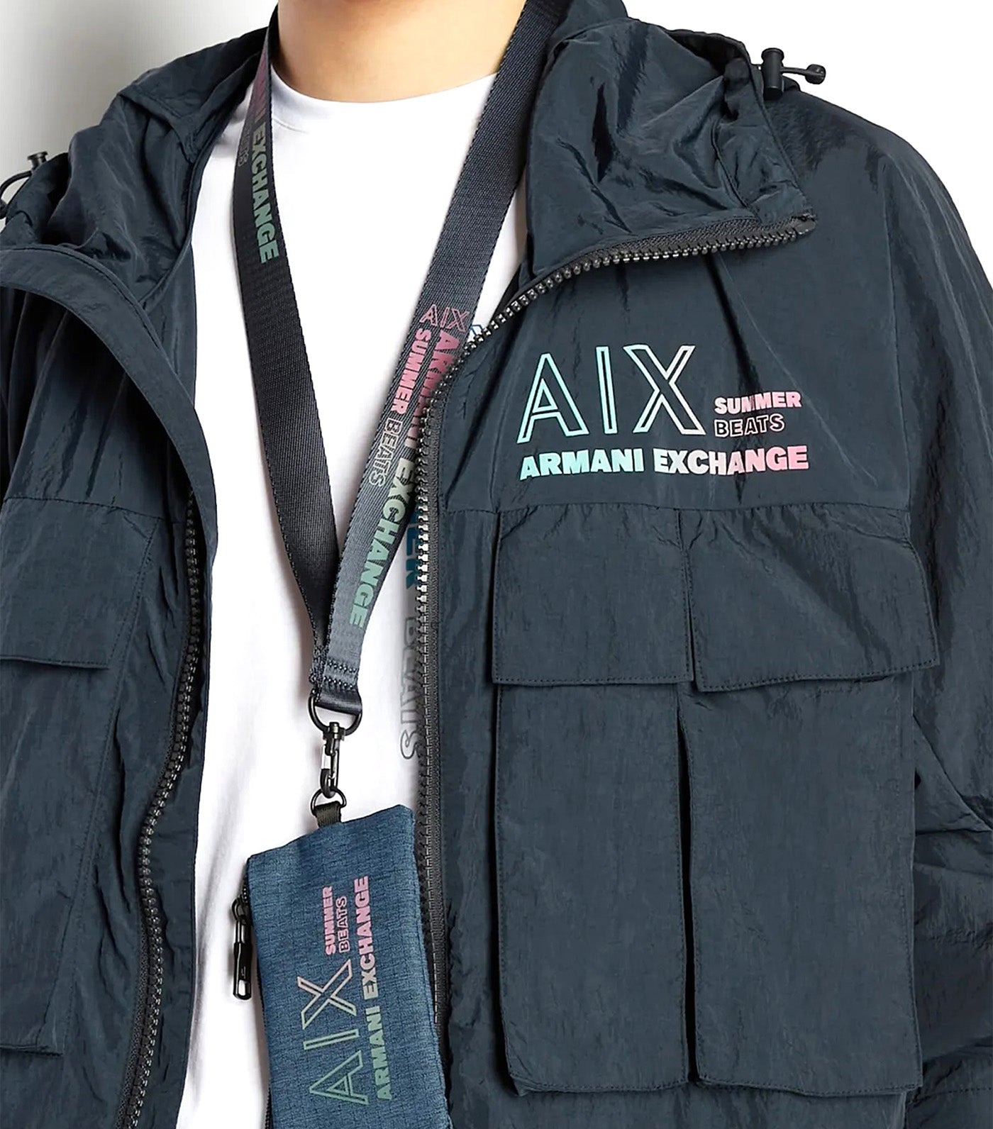 Armani Exchange Summer Beats Hooded Recycled Nylon Windbreaker Navy