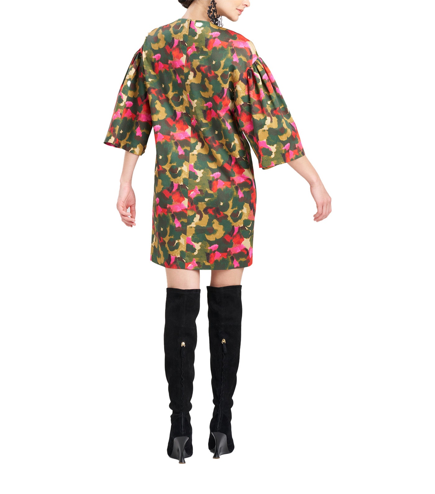 Floral Print Pleated 3/4 Full Sleeve Pocketed Shift Dress Multi