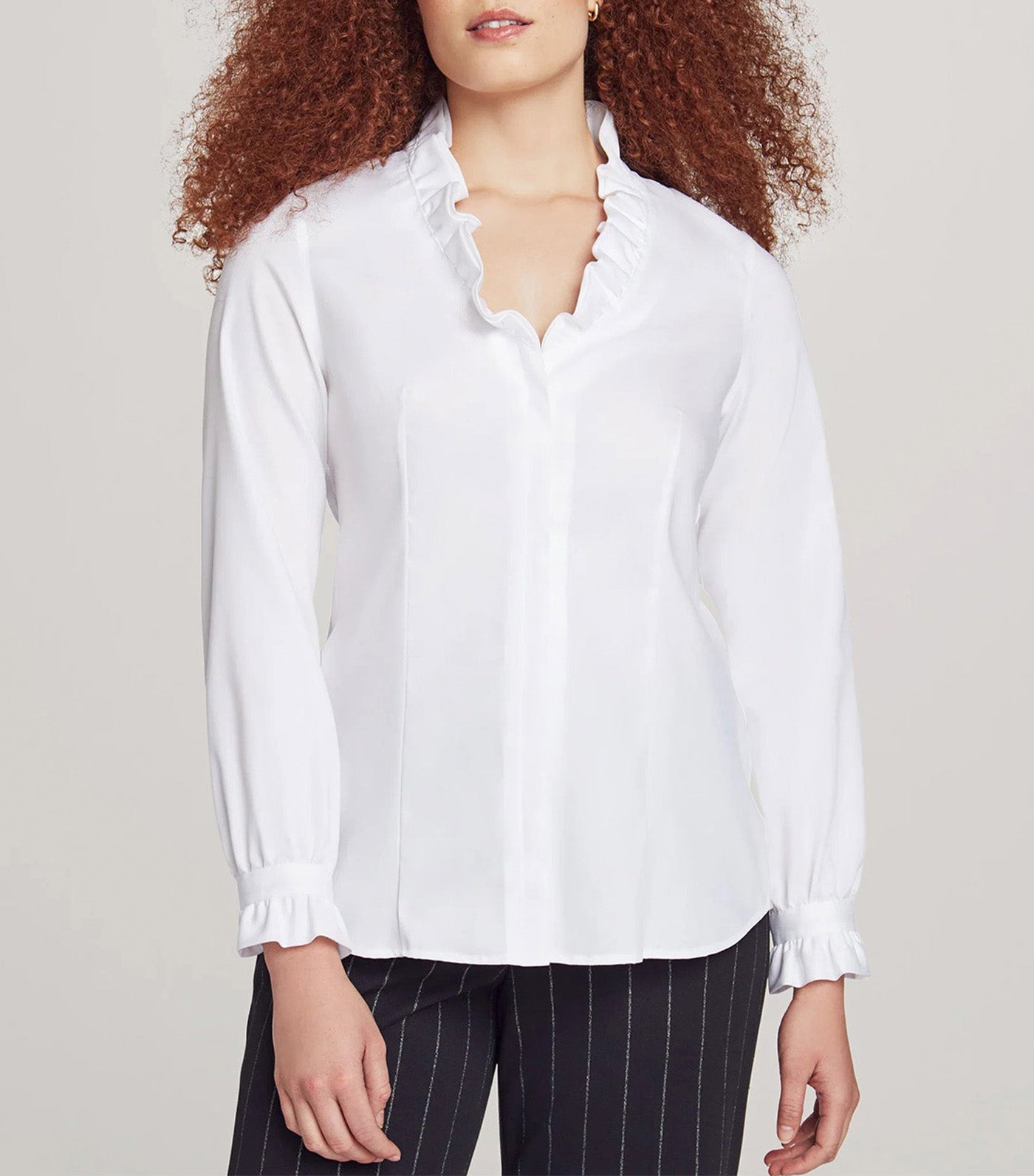 Long Sleeve Ruffle Button Down Shirt Bright White