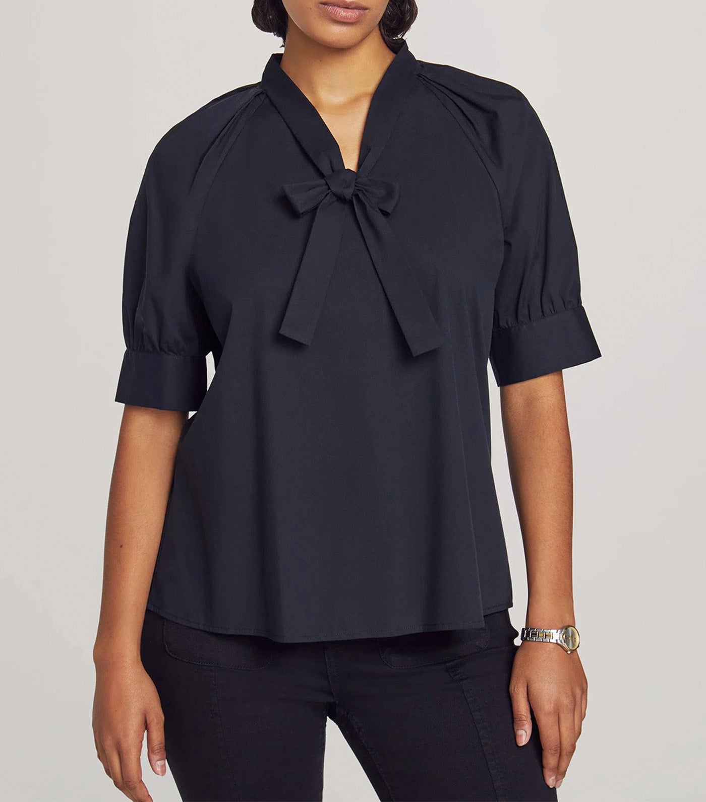 Elbow Length Puff Sleeve Blouse with Necktie Anne Black