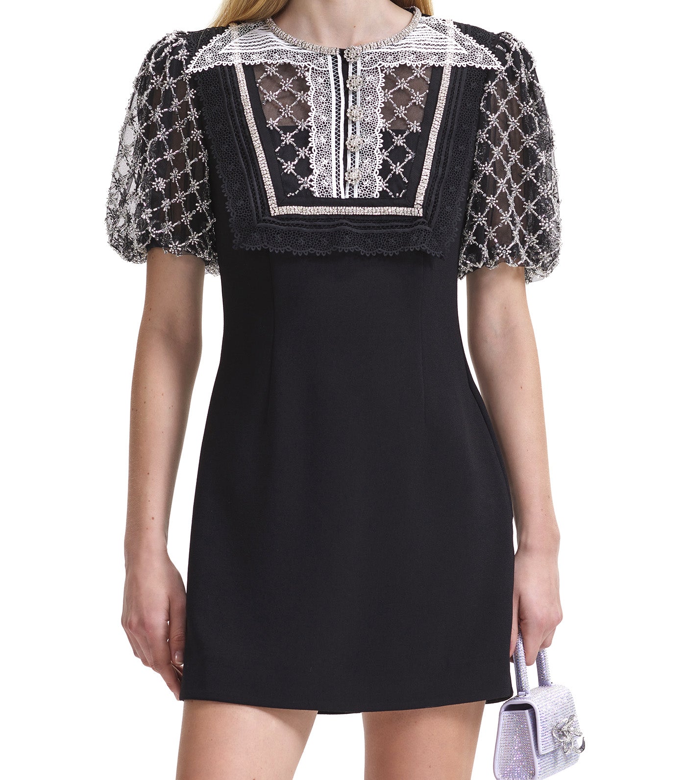 Embellished Puff Sleeve Mini Dress Black