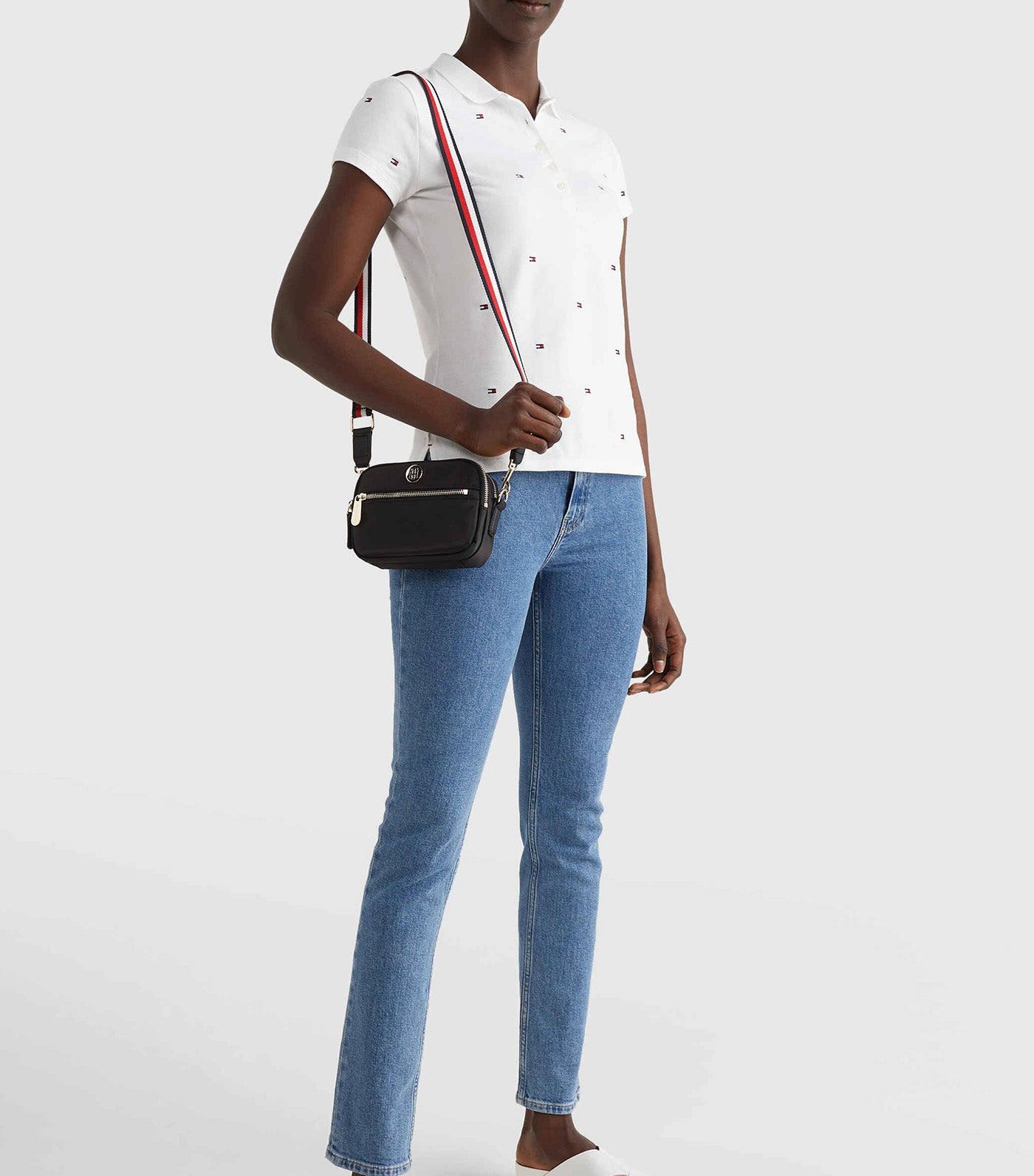 Women's IM Felicia Slim Embroidered Polo Shirt Mini Flag All Over Embr / White