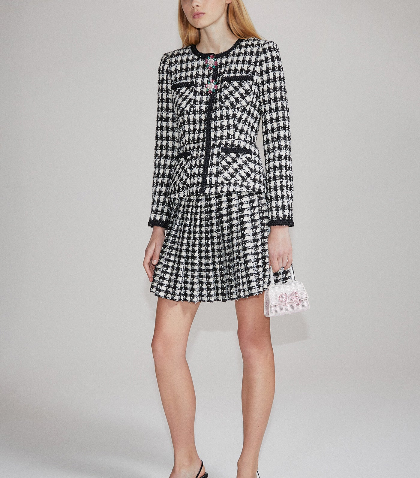 Self-Portrait Check Boucle Mini Jacket Dress Black