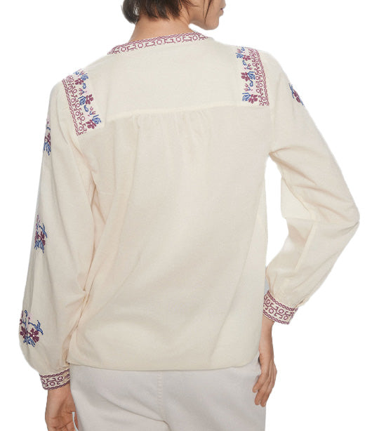 V-neck Blouse with Emboidery Cream