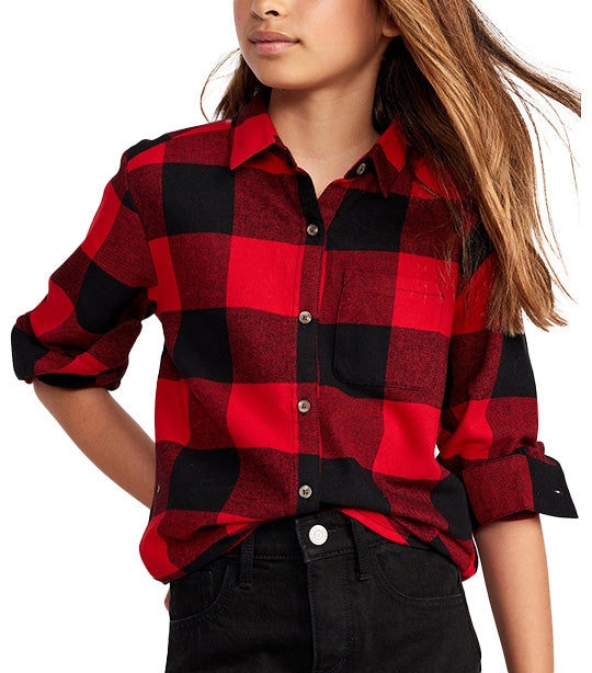 Cozy Long-Sleeve Button-Front Plaid Tunic Shirt for Girls Red Buffalo Check