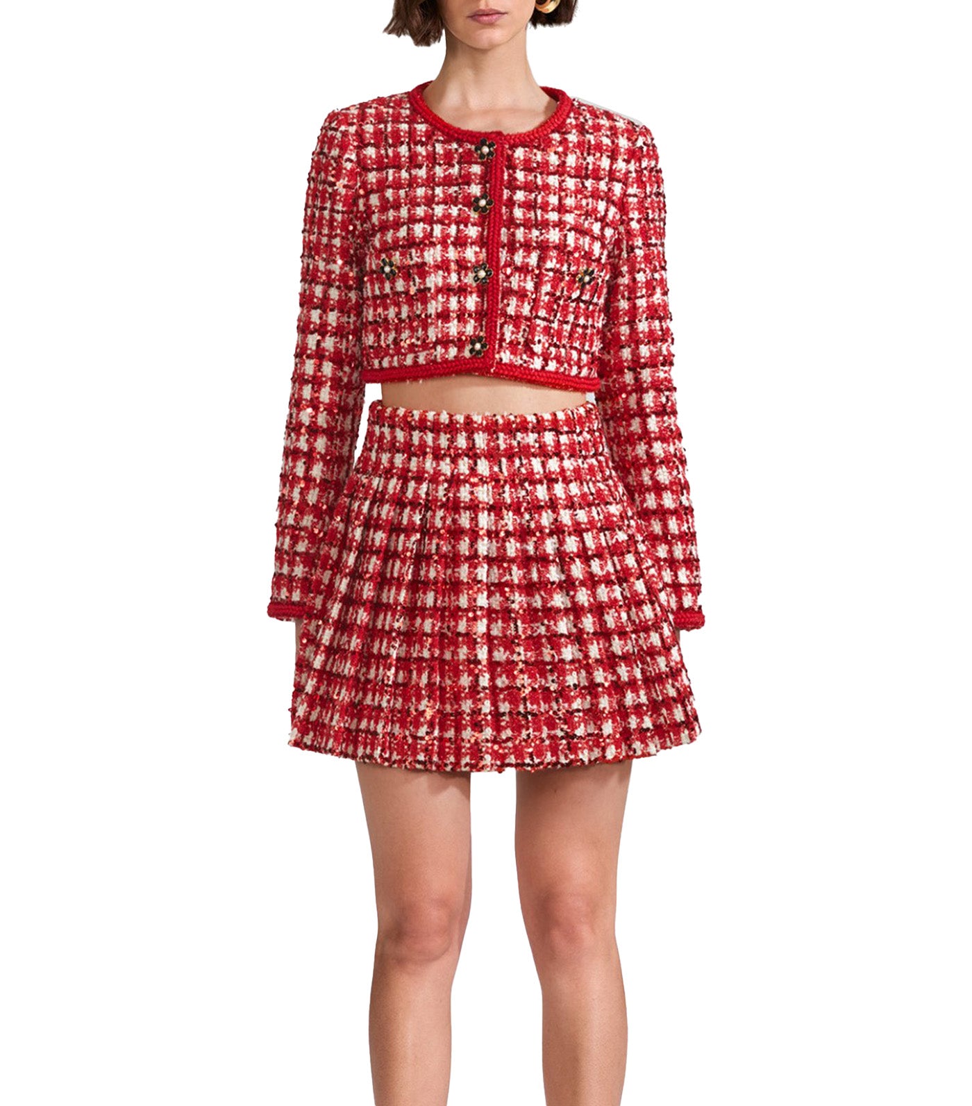 Boucle Cropped Jacket Red Check