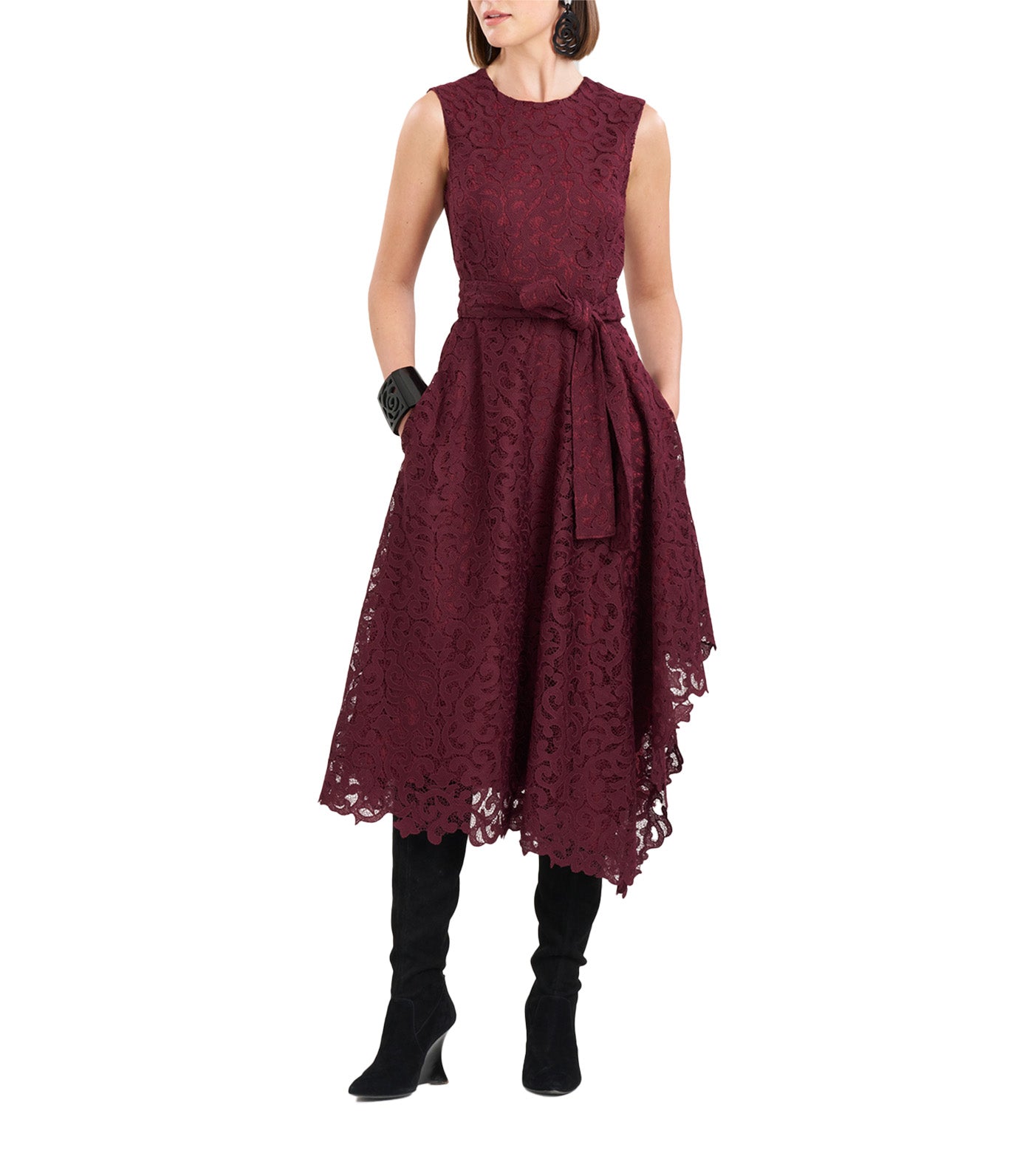 Scroll Lace Asymmetric Belted Dress Bordeaux