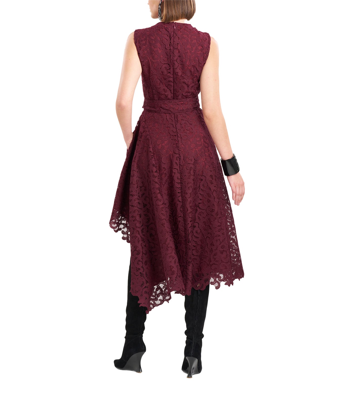 Scroll Lace Asymmetric Belted Dress Bordeaux