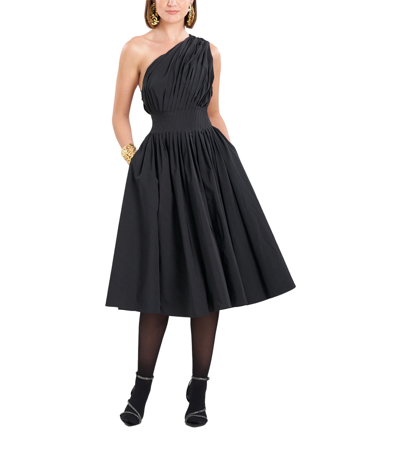 Taffeta One Shoulder Pleated Dress Black