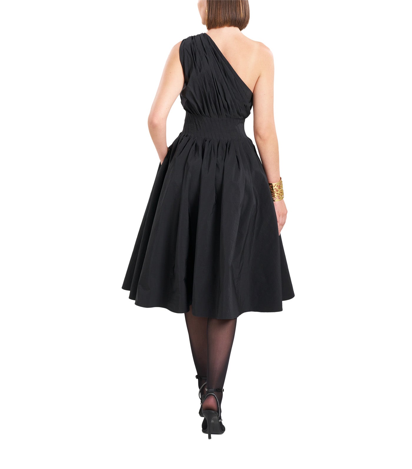Taffeta One Shoulder Pleated Dress Black
