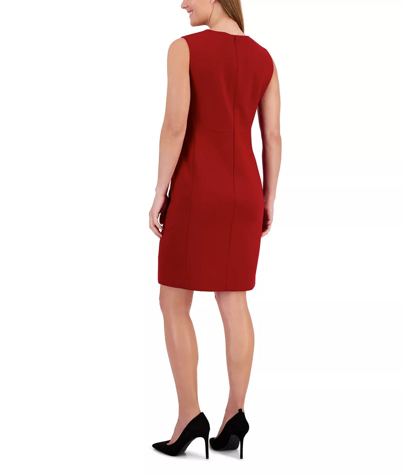 AK Round-Neck Slit-Front Compression Sheath Dress Titian Red