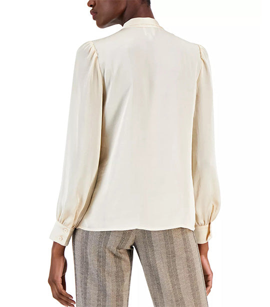Petite Long Sleeve Tie Neck Blouse with Cuff Crema