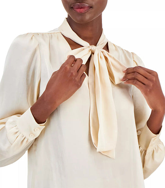 Petite Long Sleeve Tie Neck Blouse with Cuff Crema