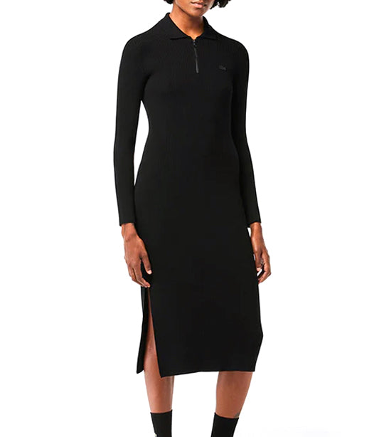 Long Seamless Knit Ribbed Polo Dress Black