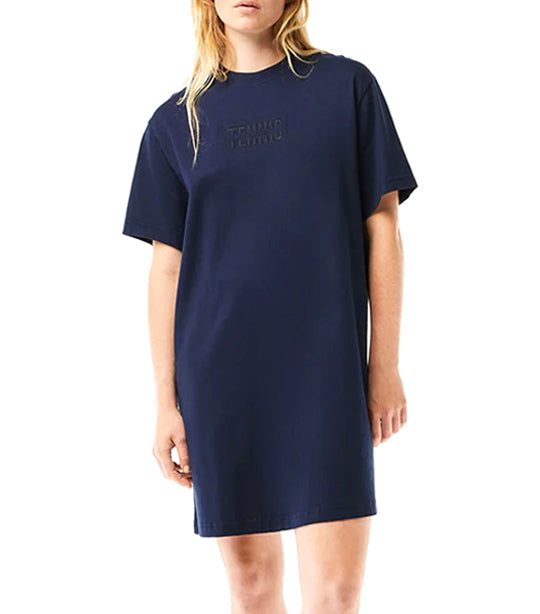 Oversized Embroidered Cotton T-shirt Dress Navy Blue