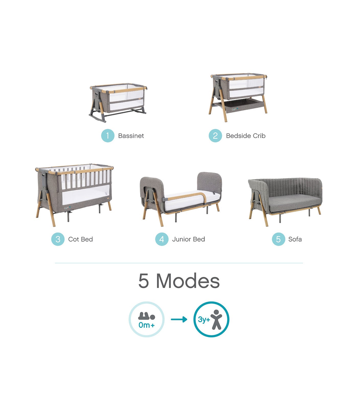 CoZee XL Bedside Crib and Cot Oak/Charcoal