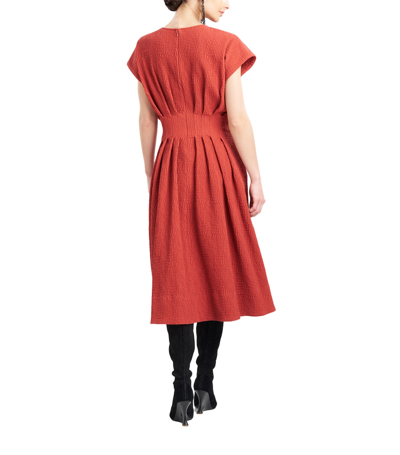 Textured Cotton Jacquard Pleated Dress Paprika