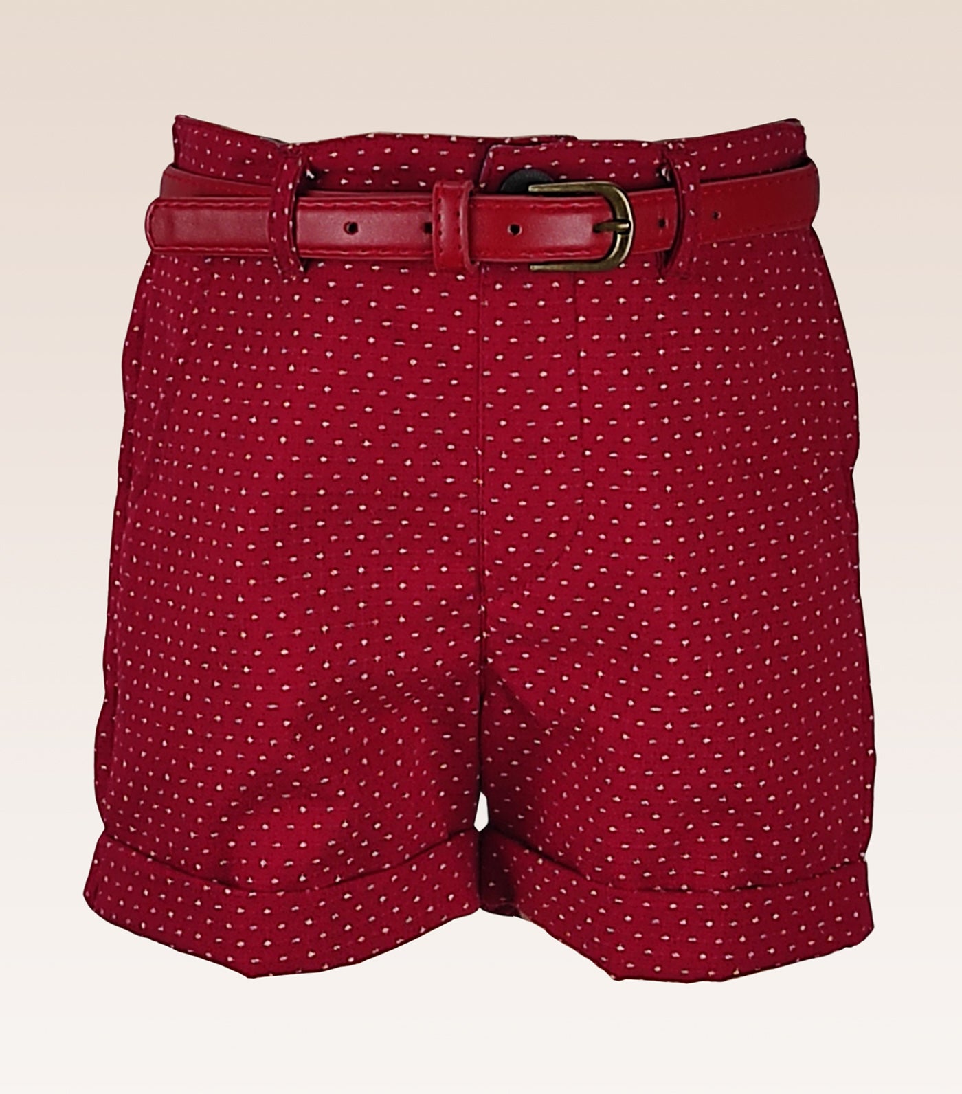 Carly Girls Red Dobby Print Shorts Turn-Up Bottom Hem with Faux Belt