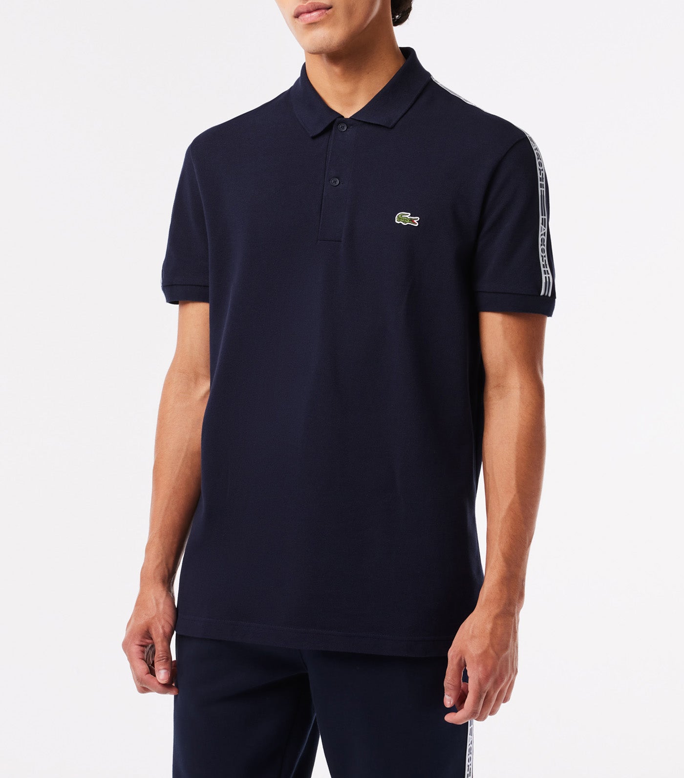 Lacoste Logo Stripe Stretch Polo Shirt Navy Blue