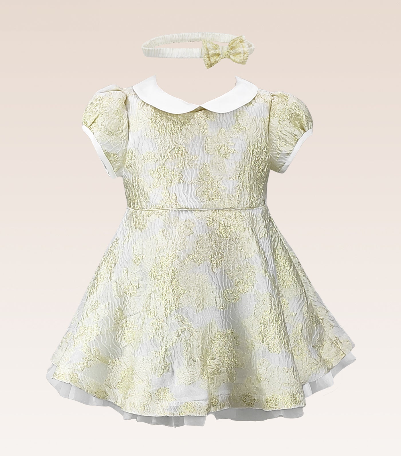 Georgette Baby Girls Gold jacquard Party Dress with Tulle Underlay Skirt