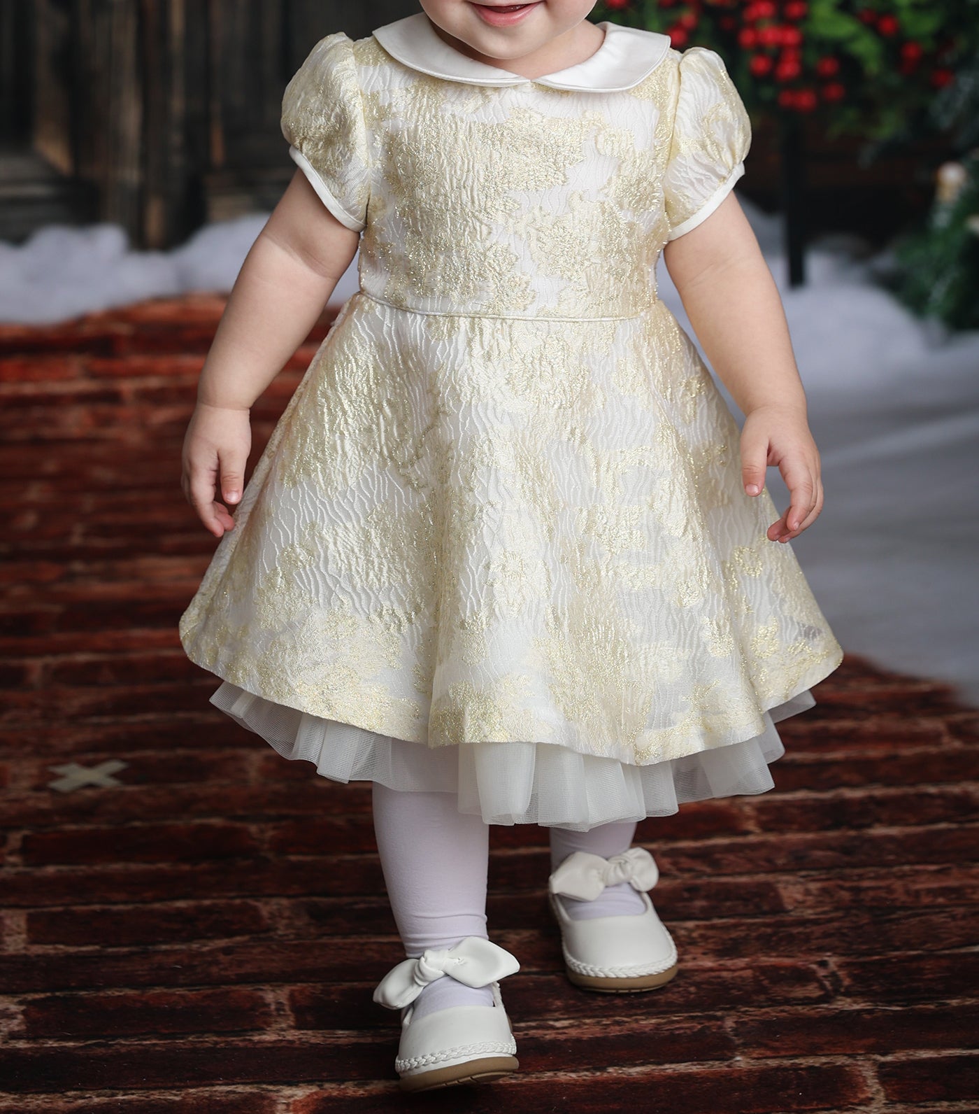 Georgette Baby Girls Gold jacquard Party Dress with Tulle Underlay Skirt