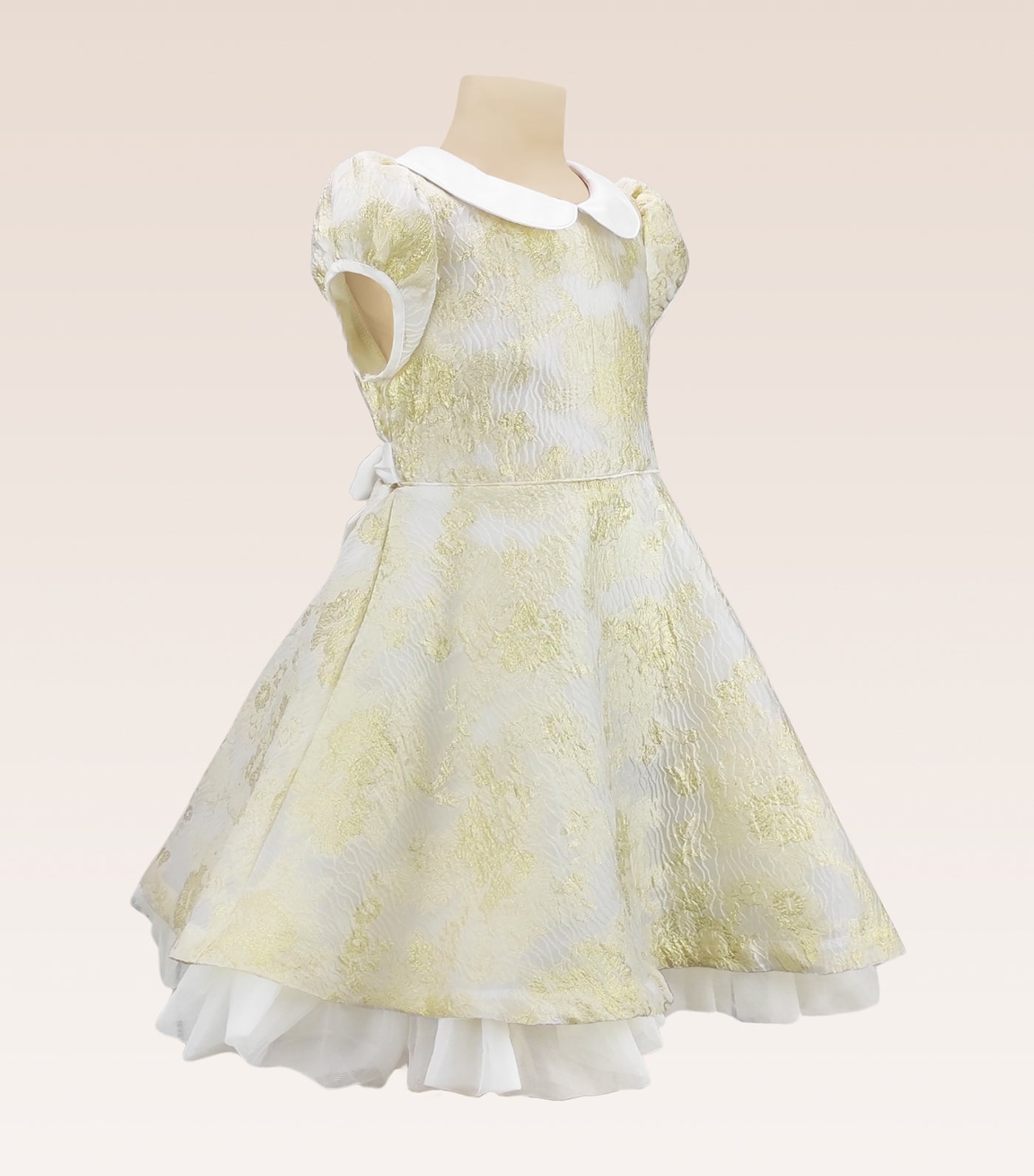 Georgette Girls Gold Jacquard Party Dress with Tulle Underlay Skirt