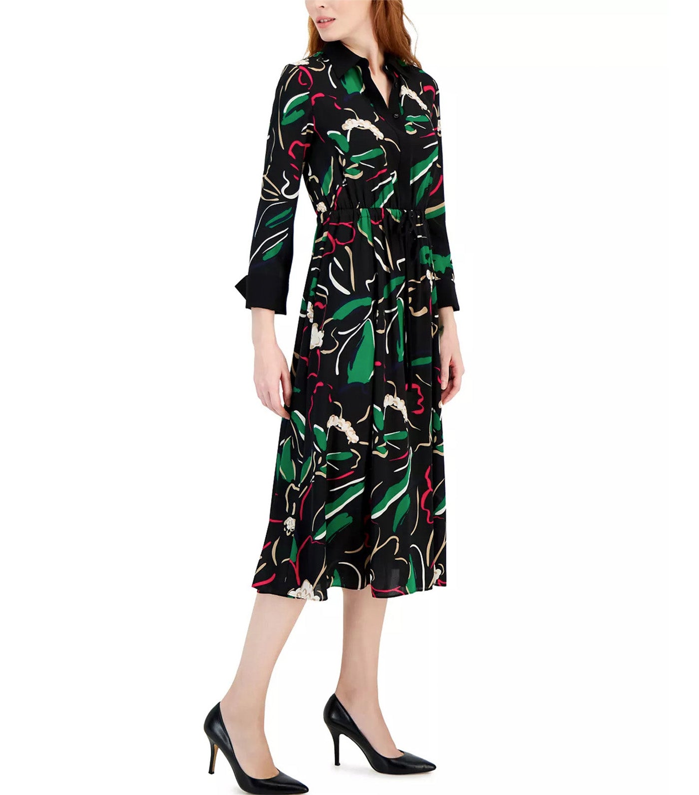 Women's Printed Drawstring-Waist Shirt Dress Anne Black/Emerald Mint Multi