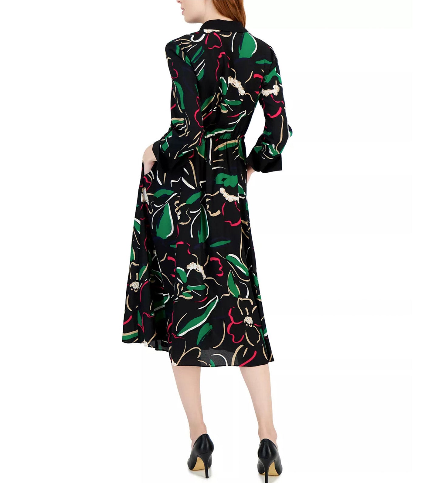 Women's Printed Drawstring-Waist Shirt Dress Anne Black/Emerald Mint Multi