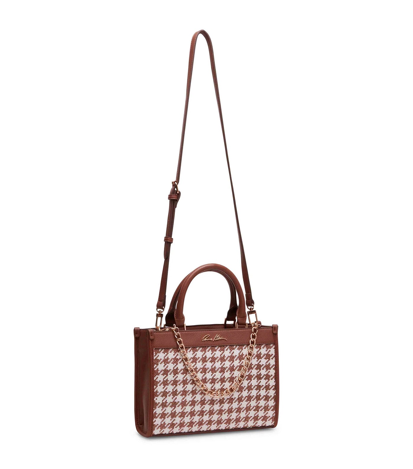 Mini Tote with Chain Swag in Woven Houndstooth Chestnut