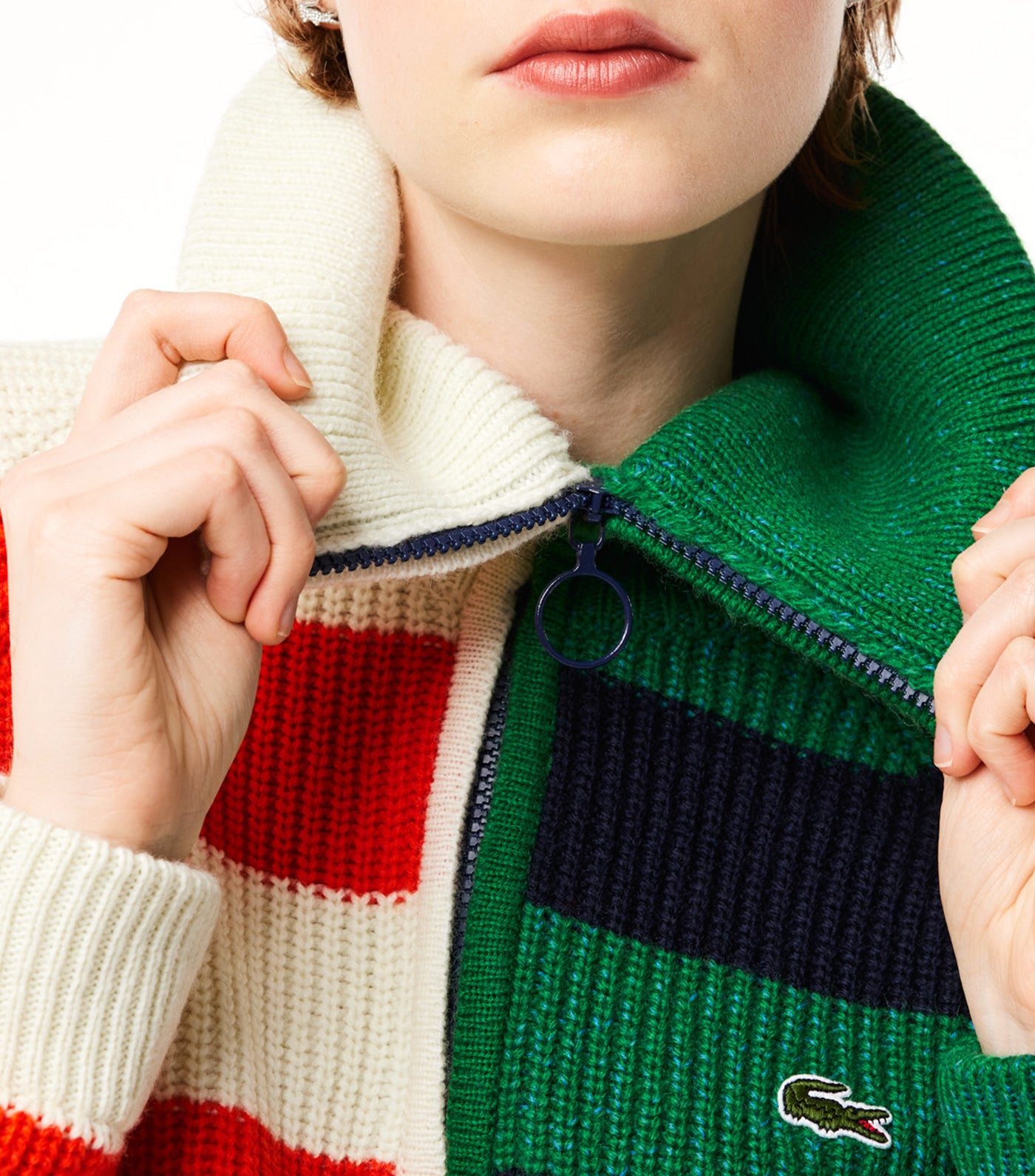Wool Zip Neck Contrast Stripe Colorblock Sweater Lapland/Sunrise-Navy Blue