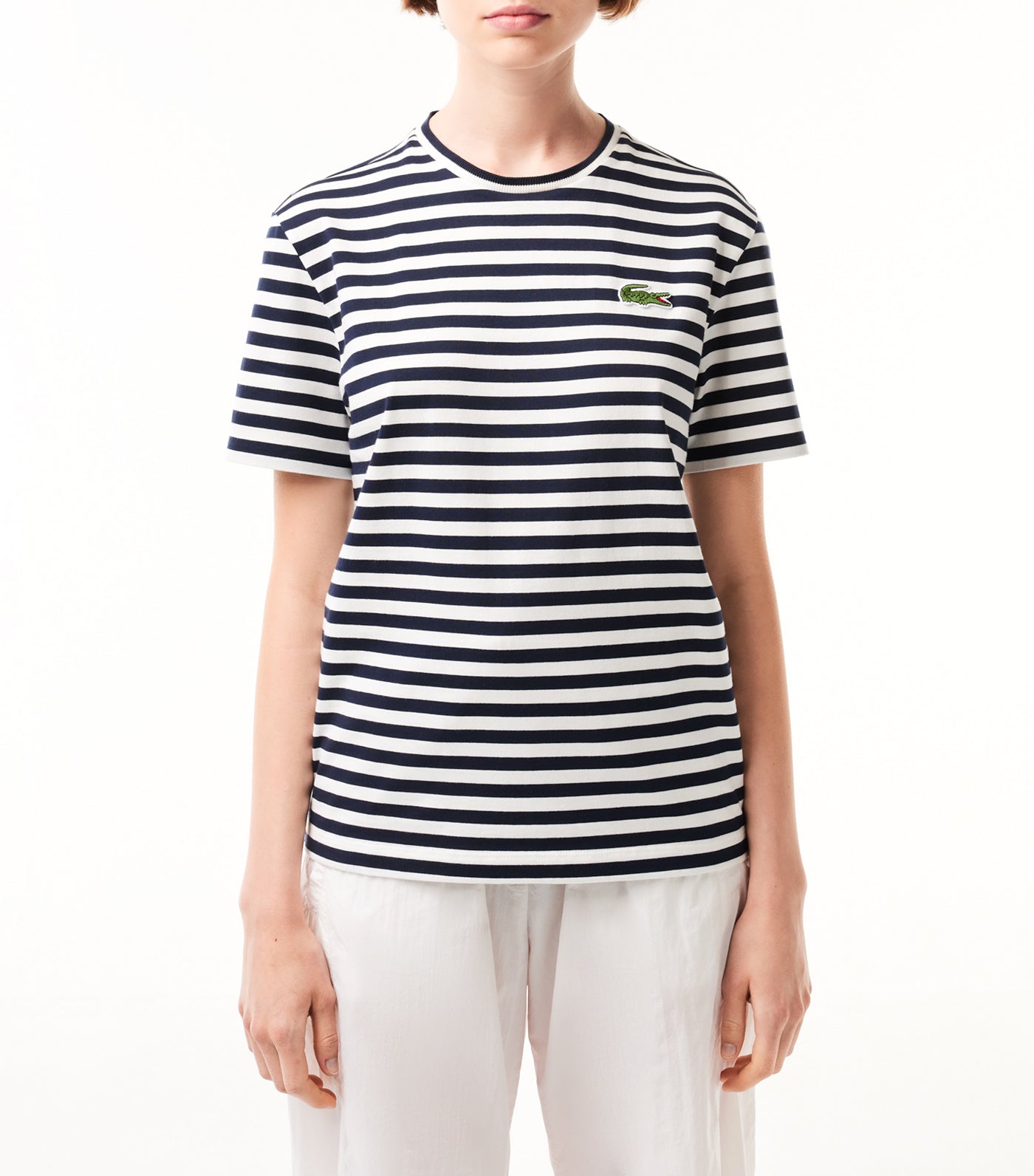 Women's Loose Fit Striped Cotton Jersey T-Shirt Navy Blue/Flour