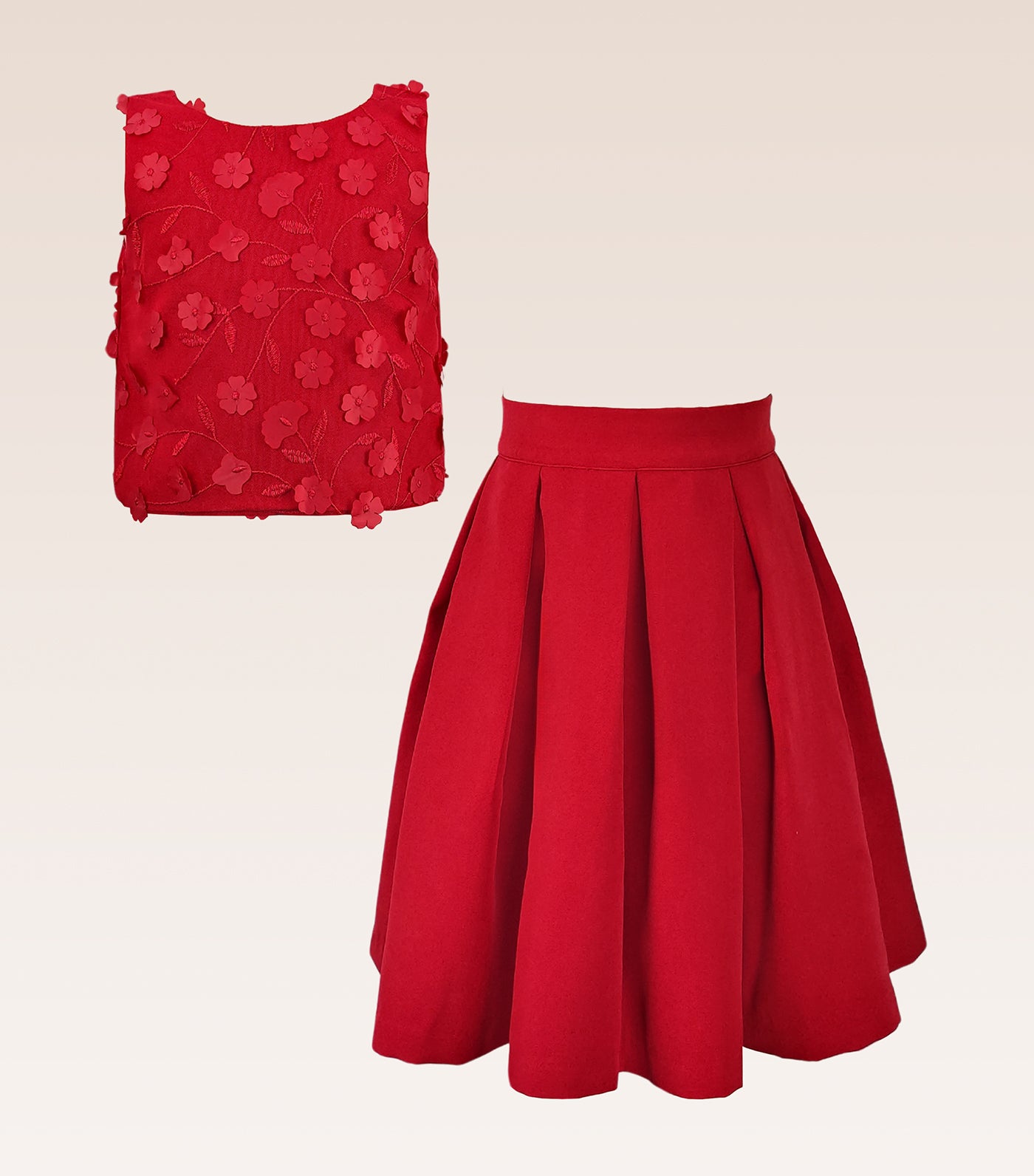Gwen Girls Red Party Dress Shell Mesh Floral Top and Pleated Skirt