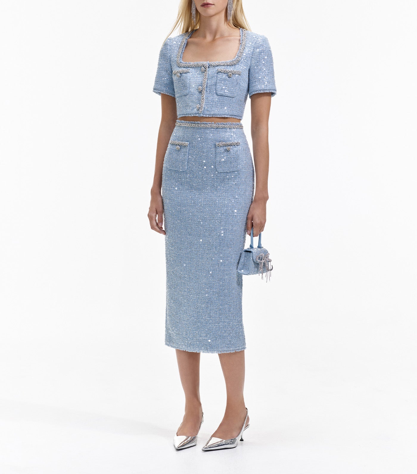 Sequin Boucle Midi Skirt Blue
