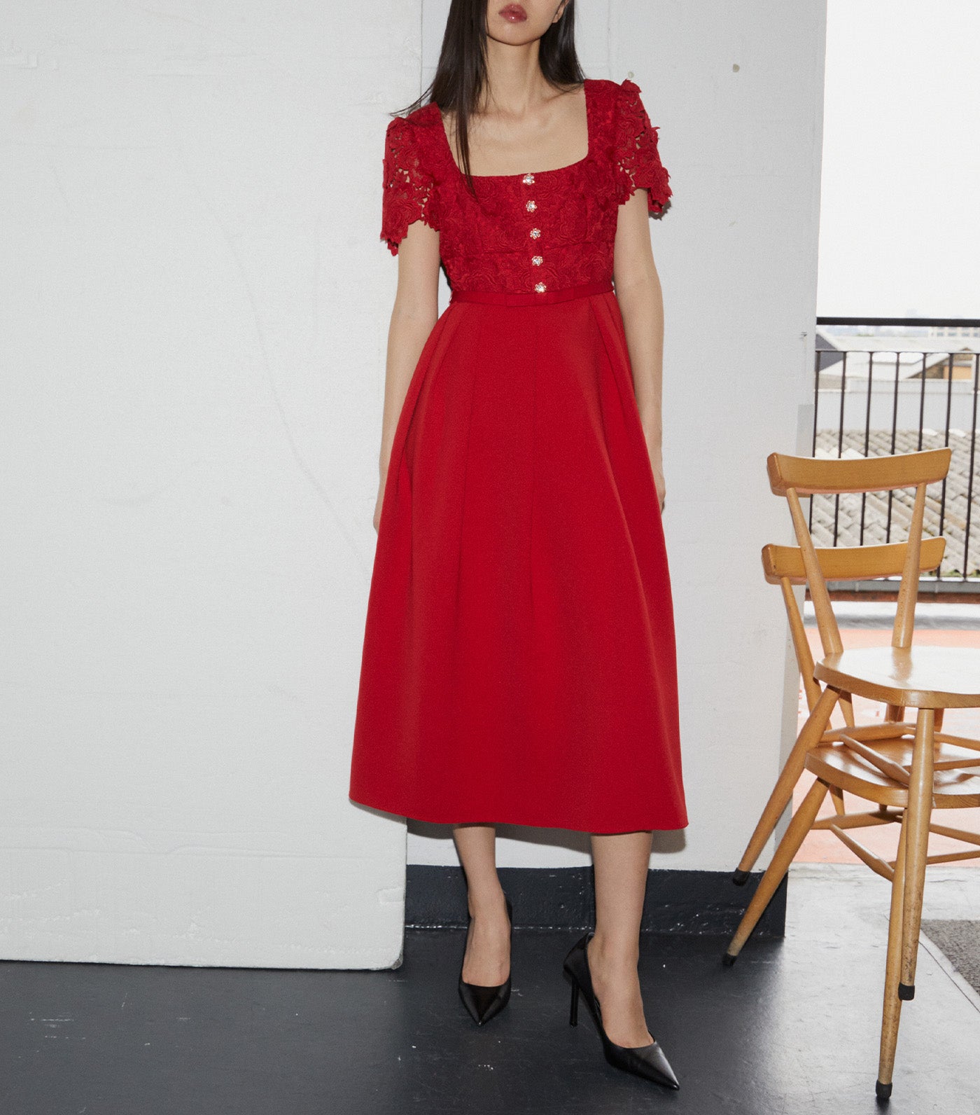 Lace Crepe Midi Dress Red
