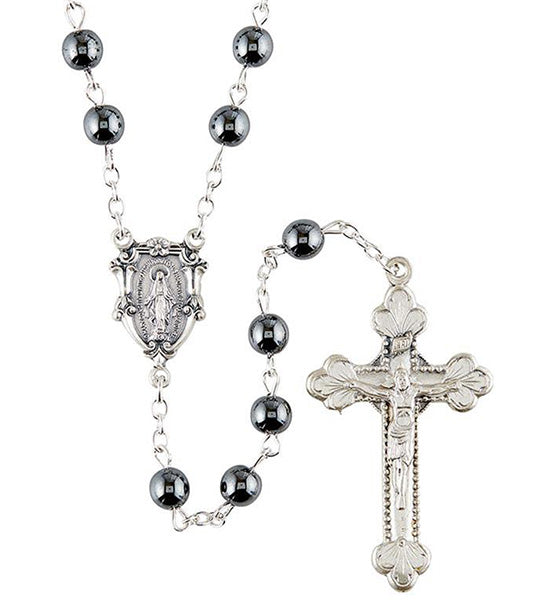 Miraculous Medal Hematite Rosary Silver