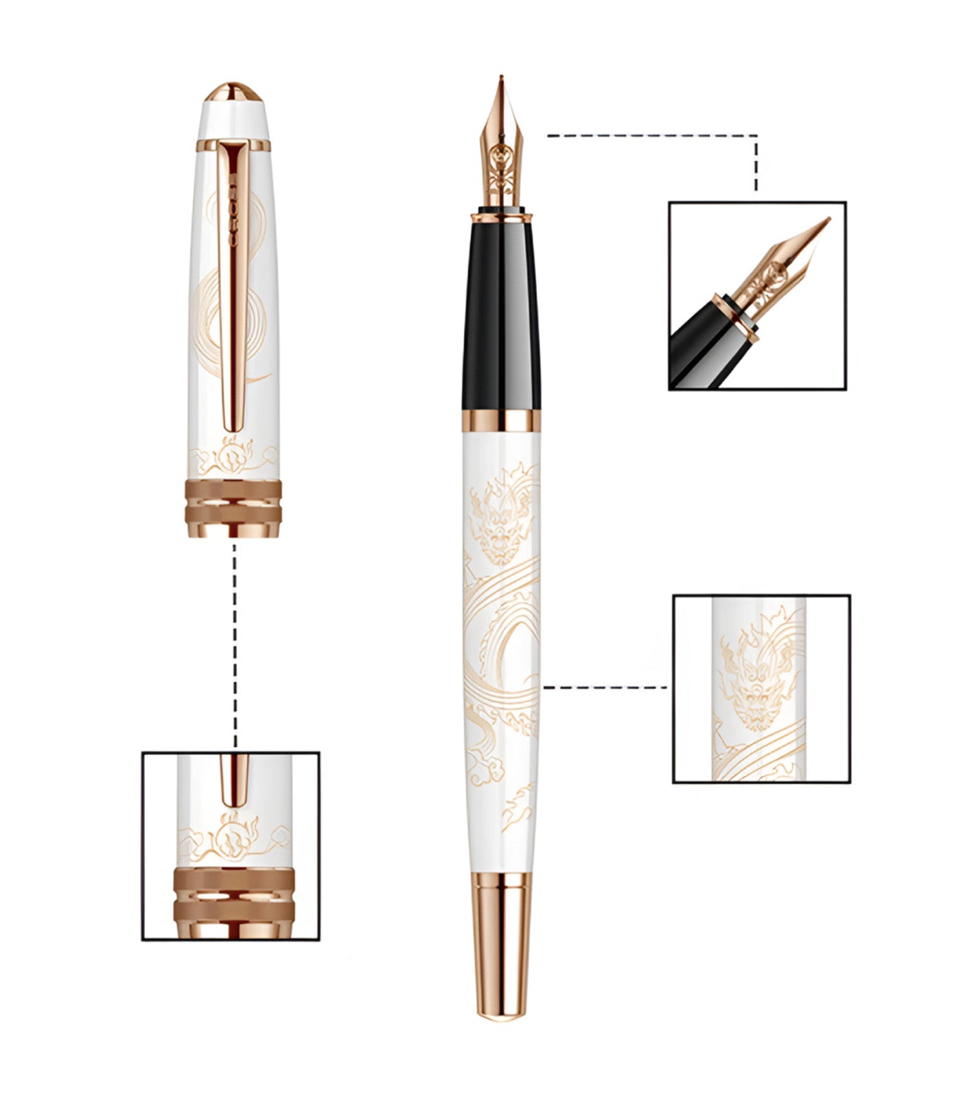 Year of the Dragon Bailey Pearlescent White Lacquer Fountain Pen White/Rose Gold