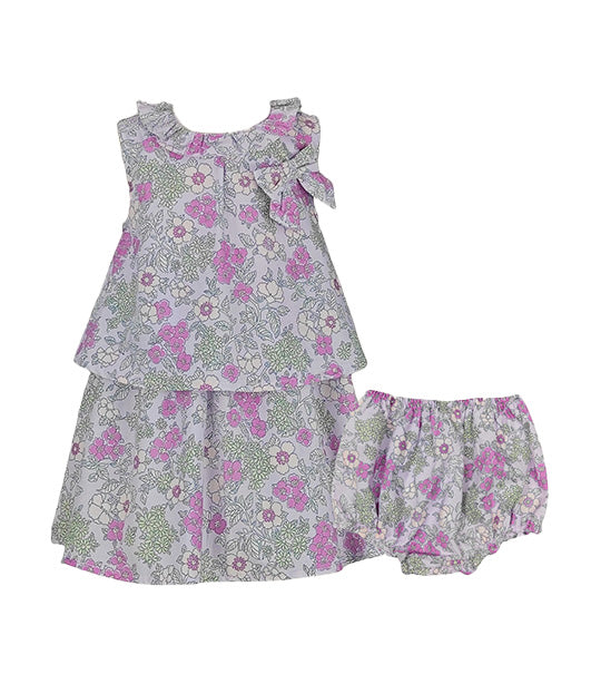 Delphine Baby Girls Lilac Floral Print Two-Tier Fit-and-Flare Dress with Diaper Cover