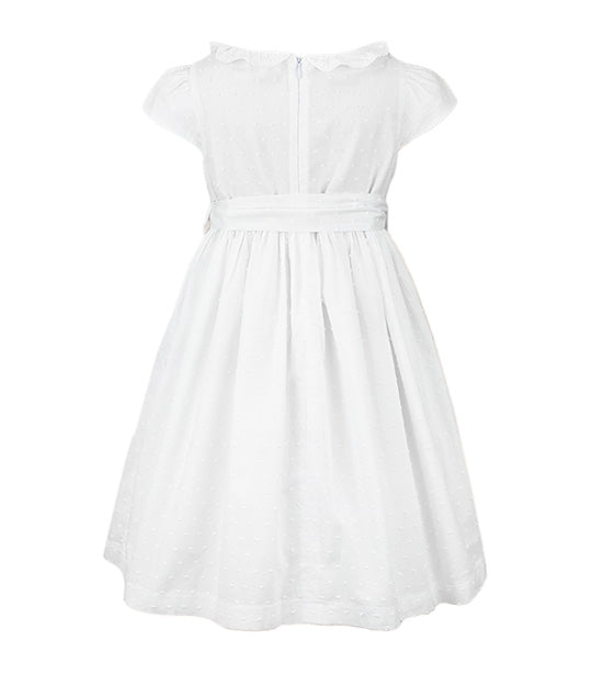 Kiara Girls White Dress with Ruffled Neck and Bow Belt tie Front