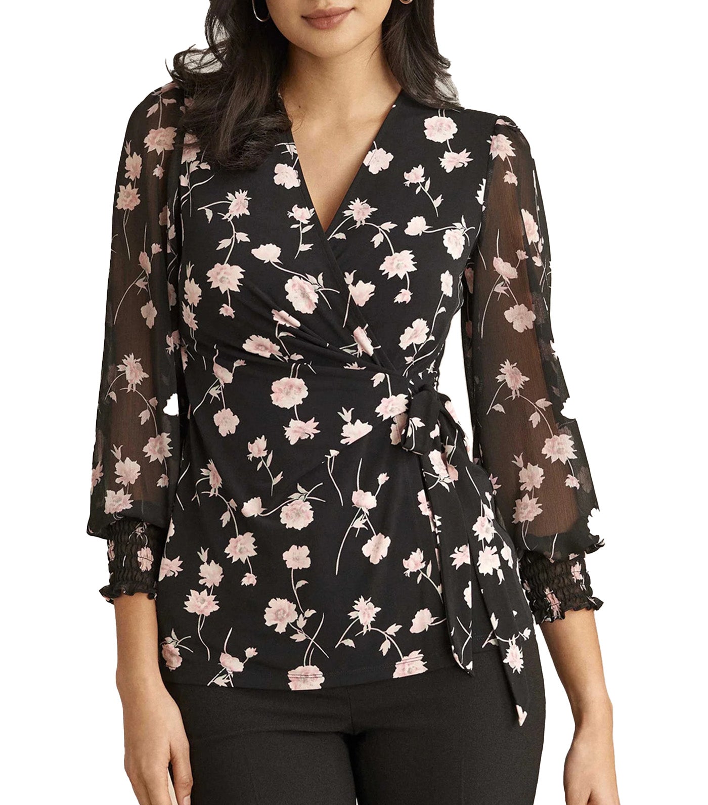 Printed Wrap Top with Sheer Sleeves Anne Black/Cherry Blossom Multi