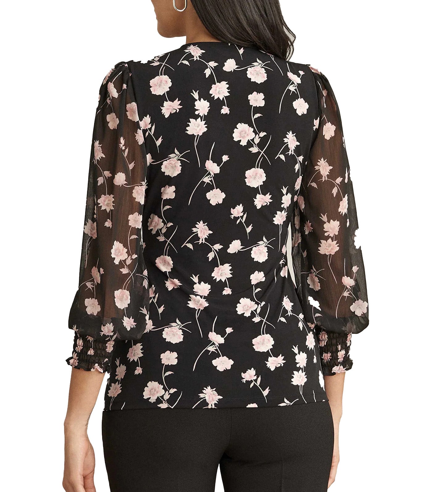 Printed Wrap Top with Sheer Sleeves Anne Black/Cherry Blossom Multi