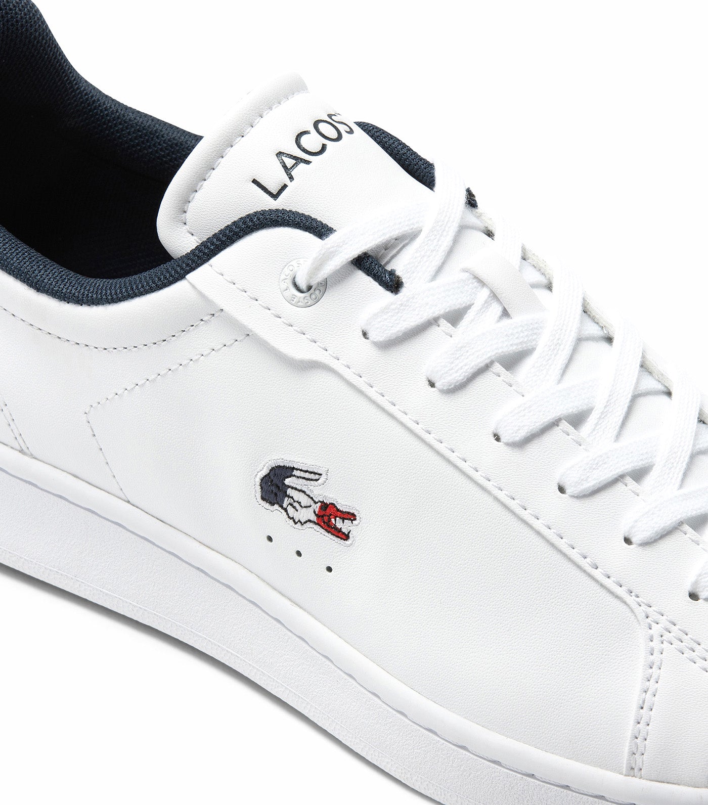 Men s Lacoste Carnaby Pro Leather Tricolour Trainers White Navy Red