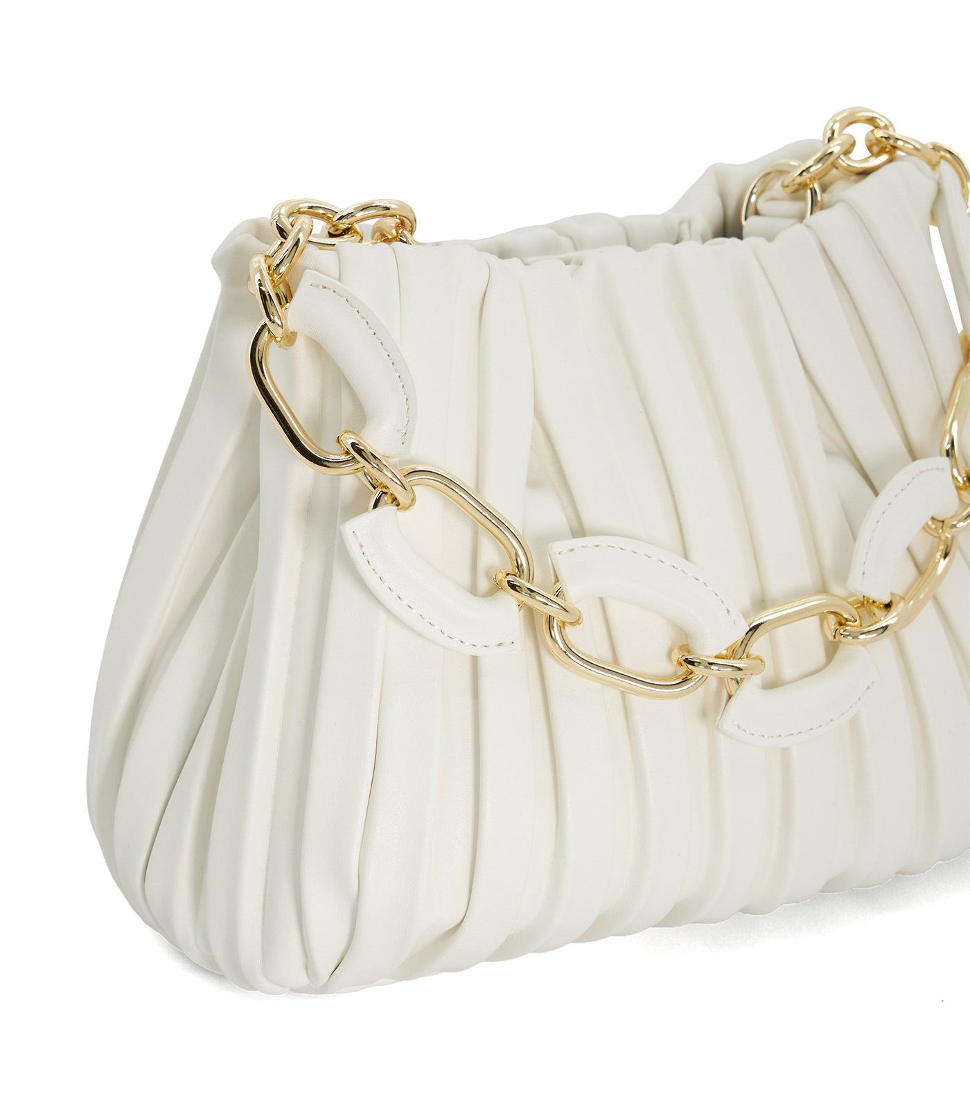 Dinidominie Small Metallic Pleat Chain-Handle Slouch Bag White-Plain Synthetic