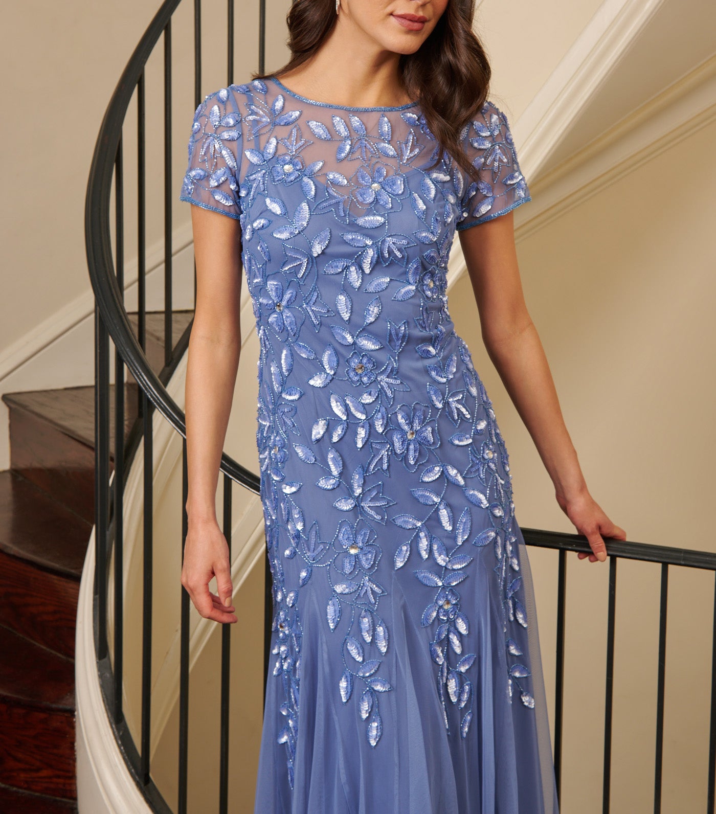 Bead Long Dress with Godets French Blue