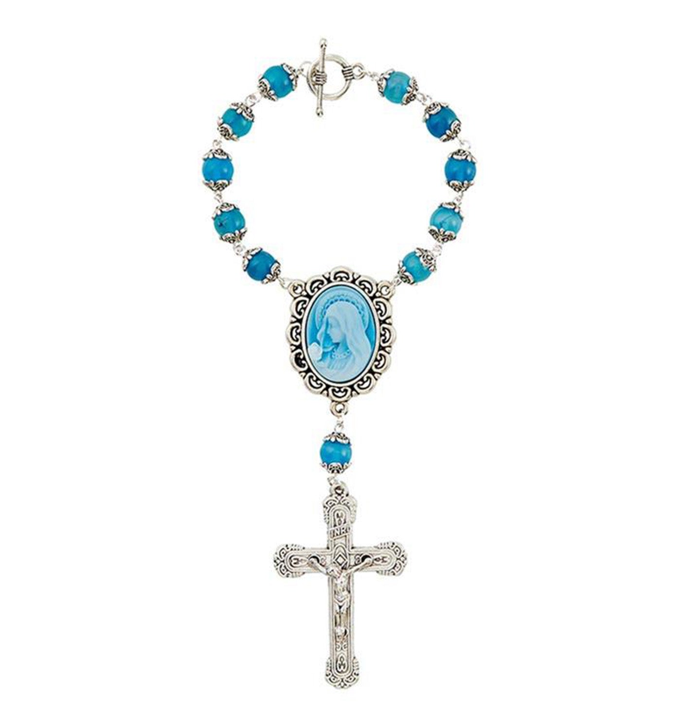 One Decade Aqua Rosary with Cameo Pendant