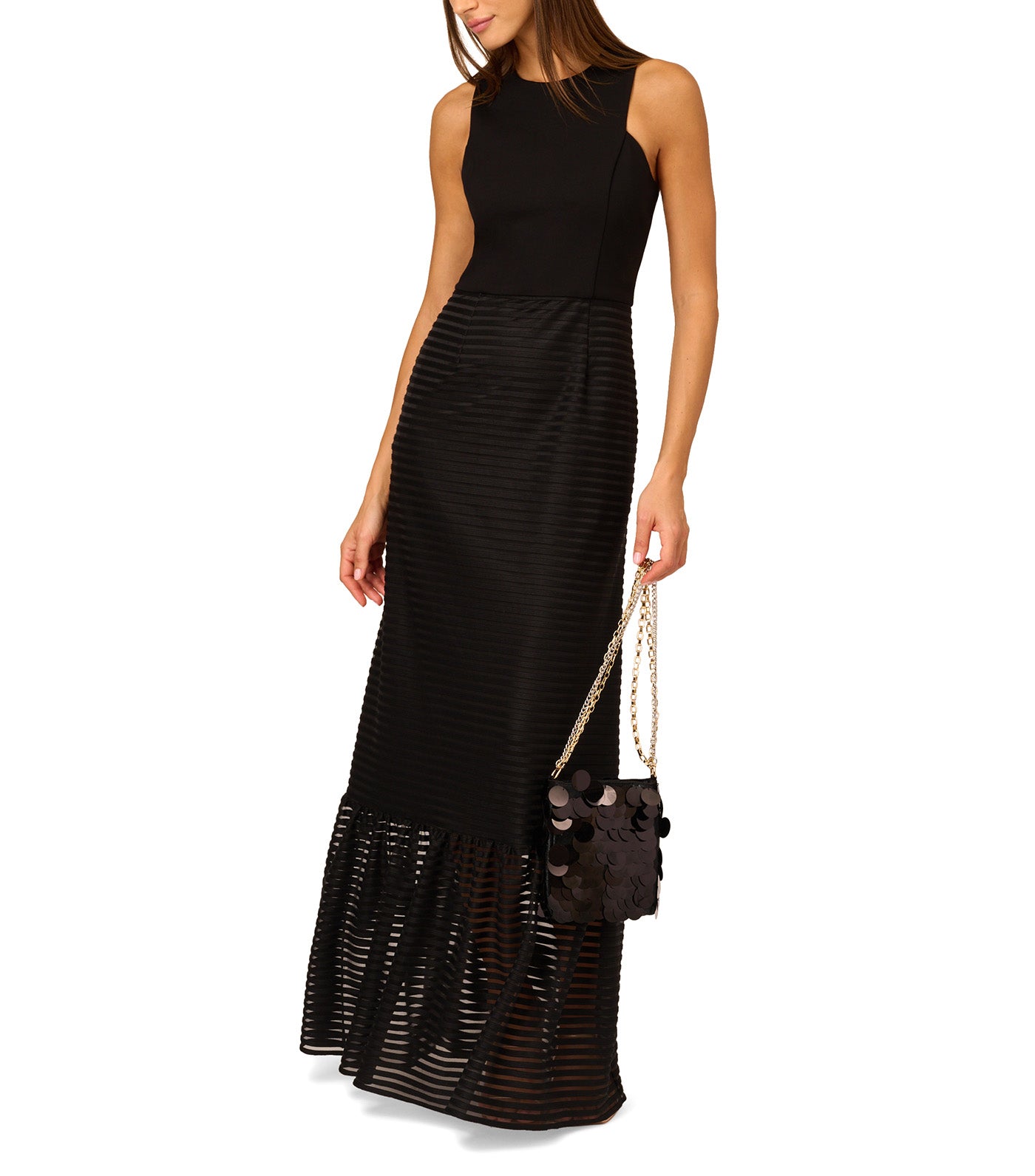 Sleeveless Shadow Stripe Gown with Sheer Flared Skirt Black