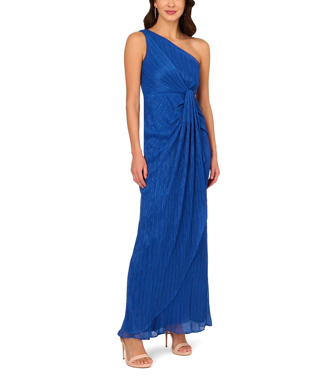 Adrianna Papell Stardust Pleated Draped One Shoulder Gown