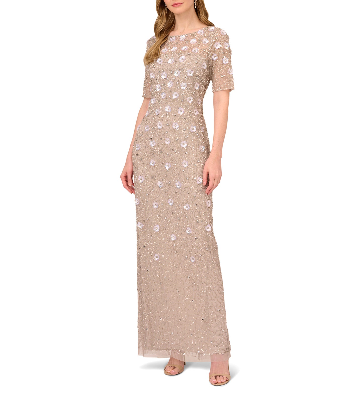 Long Hand Beaded 3D Floral Dress with Elbow Sleeves Marble