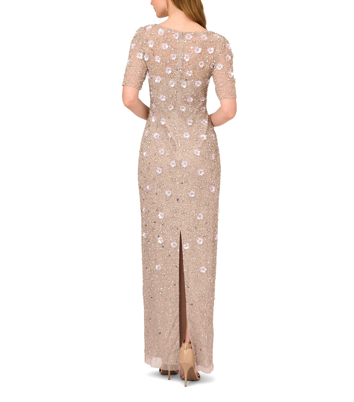 Long Hand Beaded 3D Floral Dress with Elbow Sleeves Marble